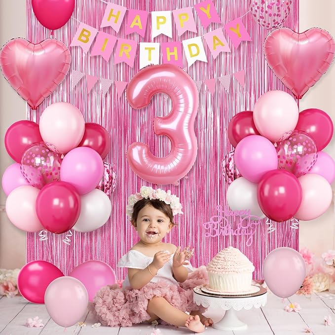 3rd Birthday Decorations for Girls: Hot Pink Balloons, Happy Birthday Banner, Fringe Curtain, Triangle Bunting, Cake Topper, Foil Heart Balloons, Glue, Ribbon