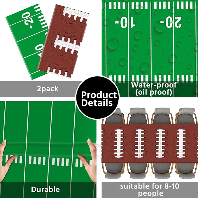 Football Party Decorations Disposable Tablecloth, 2 Pack, 54 x 108 Inch Plastic Touchdown Table Cover for Super Bowl, Birthday, Tailgate, Game Day Party Supplies
