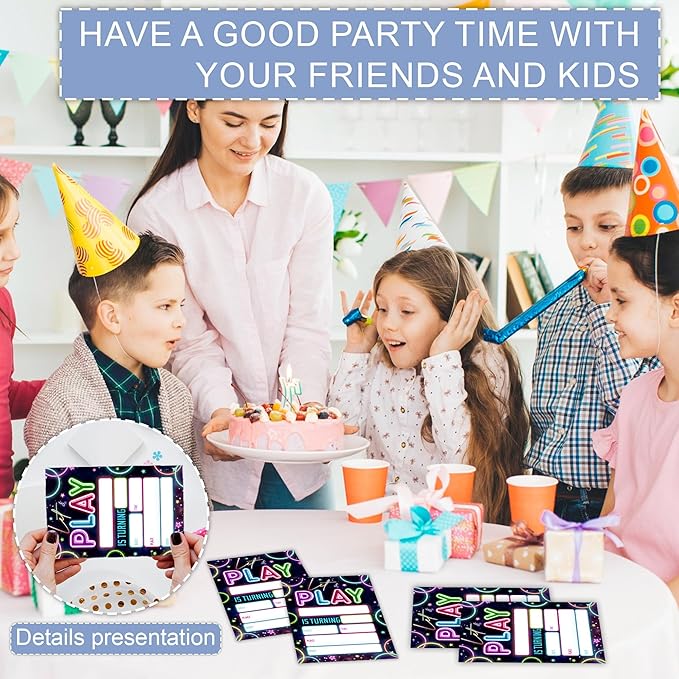 Laser Birthday Invitations, Let's Party Theme Neon Glow Party Invites Cards for Boys Girls, Fill-In Style 20 Pack Double Sided with Envelopes, 4 × 6 Inch