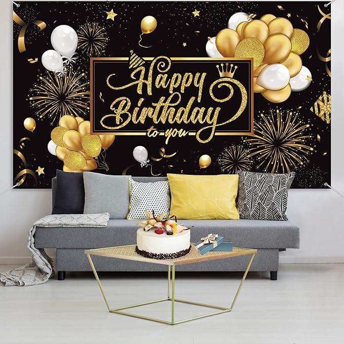 Blulu Happy Birthday Banner Sign Poster Large Fabric Glitter Balloon Fireworks Sign Photo Backdrop Background for Birthday Decoration Supplies, 72.8 x 43.3in (Black and Gold)