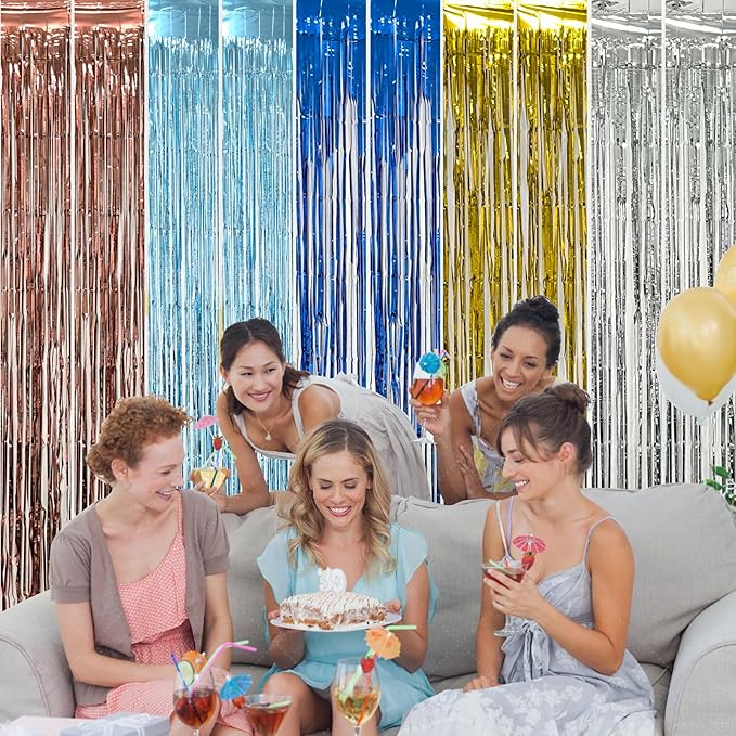5 Pack Silver Foil Curtain Backdrop Metallic Tinsel Foil Fringe Curtains Photo Booth Props for Birthday Wedding Engagement Bachelorette Christmas Holiday Celebration Party Decorations Supplies
