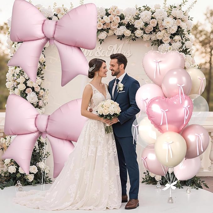 16Pcs Pink Heart Balloons, 38 Inch Bow Balloons, Double Stuffed Pearl Pink Clear Balloon and Bow Heart Shaped Foil Balloon for Girls Birthday Wedding Bridal Baby Shower Valentines Day Decorations