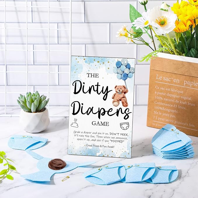 Roowest 51 Pcs Dirty Diaper Baby Shower Games Funny Wooden Sign with 50 Pcs Mini Diapers Cute Felt for Gender Reveal Party Baby Shower(Bear Blue)