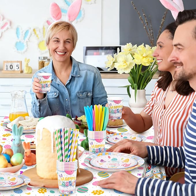 Kochorie 194 Pieces Happy Easter Tableware Set Colorful Easter Bunny Egg Dinnerware Includes Paper Plates Cups Napkins Straws Plastic Cutlery Tablecloths for Spring Birthday Party Supplies, Serves 24