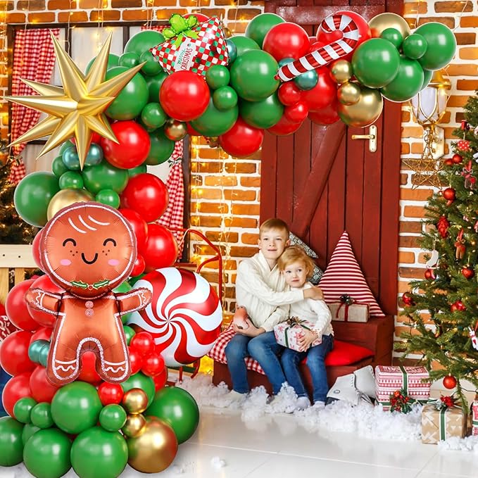 Christmas Balloon Garland Arch Kit, Red Green Gold Balloons with Bell Candy Cane Gingerbread Man Gold Explosion Star Foil Balloons for Christmas Party Decorations New Year Celebration