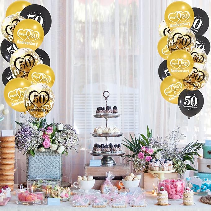 Lnlofen 30pcs 50th Anniversary Decorations Kit, 12 Inch Black Gold Happy 50 Wedding Latex Confetti Balloons, Party Supplies for 50 Year Theme Indoor Outdoor Decor
