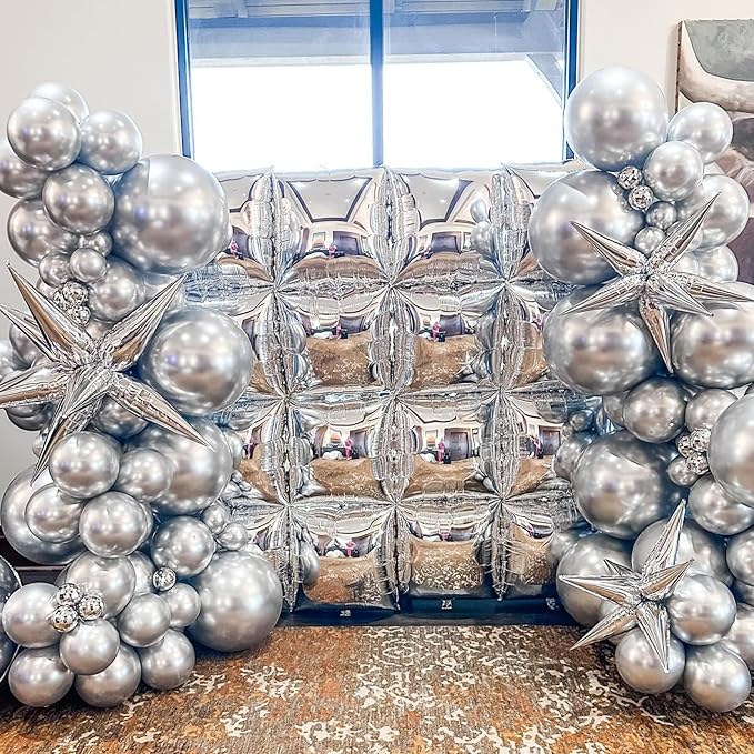 Silver Square Foil Balloons Wall, 25PCS Double Sided Metallic Chrome Silver Foil Square Balloon Backdrop Flat Tunnel Background for Birthdays Graduation Baby Shower New Year Eve Anniversary Engagement