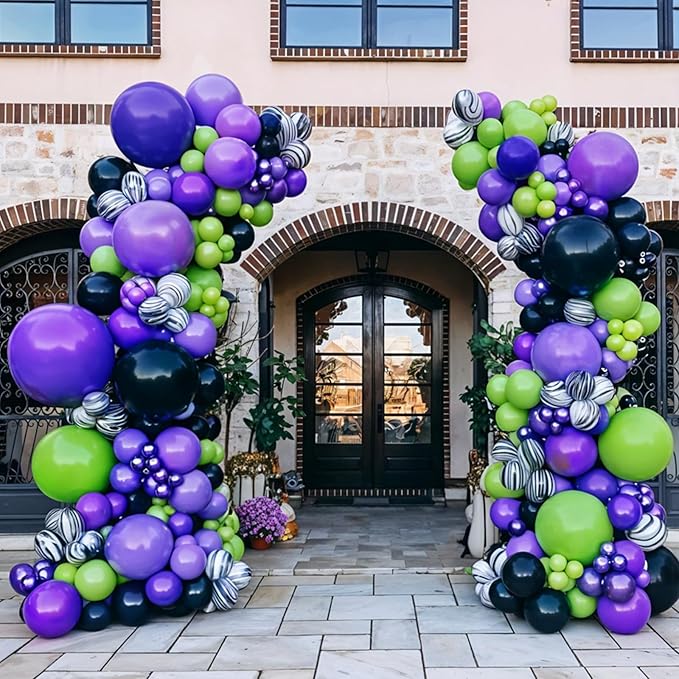Halloween Balloon Arch Kit, Black Fruit Green Metallic Purple Agate Black Balloons, Ghostly Eyes, Scary Character and Striped Balloons for Kid Halloween Birthday Party Decorations Baby Shower Backdrop