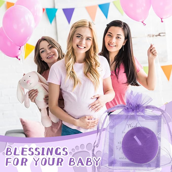 50 Sets Baby Shower Party Favors Including 50 Pcs Unscented Tealight Baby Shower Candles Gift Bags Cards for Gender Reveal Party Supplies(Purple)
