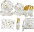MEHOFOND 193 pcs White Wedding Party Decorations, Mr and Mrs Paper Plates Cup and Nakpins Set, Floral Wedding Disposable Dinnerware with Tablecloth, Bridal Shower Disposable Party Supplies, 24 Guests