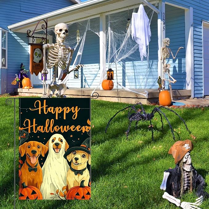 Fall Garden Flag for Outside, Happy Halloween Pumpkin Dog Garden Flags - 12x18 Inch Double Sided, Halloween Fall Decorations Outdoor, Burlap Halloweens Gardens Flag Decor for Outside Home, Falls Flags