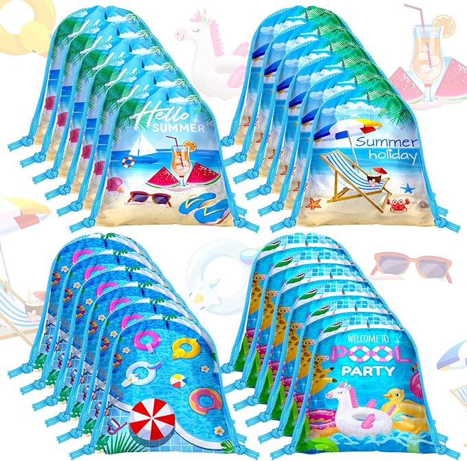 Capoda 24pcs Pool Party Favors Bags Summer Beach Drawstring Bags Hawaiian Backpacks Swimming Pool Decoration for Summer Birthday Beach Hawaiian Supplies