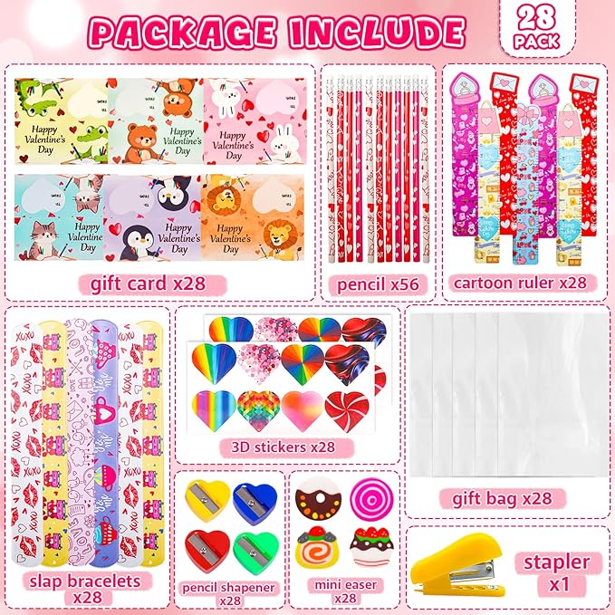 Valentines Day Gifts for Kids - 28 Pack Valentines Stationery Set with Cards, Pencils, Stickers, Erasers, Rulers and Sharpener for Girls Boys Class Exchange, Classroom Prizes and School Party Favors