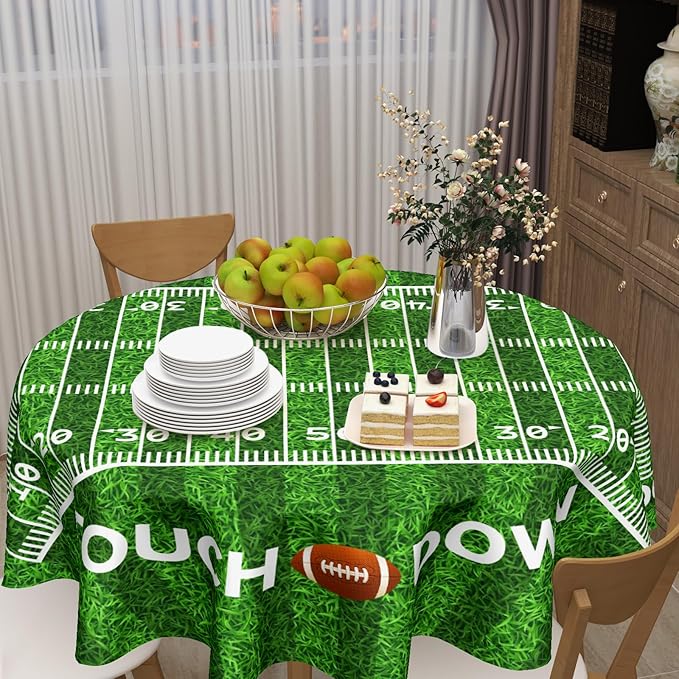 Football Round Tablecloth 60 Inch Rugby Football Pattern Circle Table Cloth Green Table Cover Washable Polyester Indoor Decorations for Home Kitchen Dinning Party