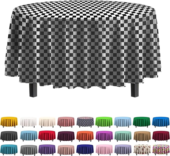Exquisite 12-Pack Premium Plastic Tablecloth Pack of 12 - Premium Plastic Tablecloth 84 Inch Round Table Cover - Checkered