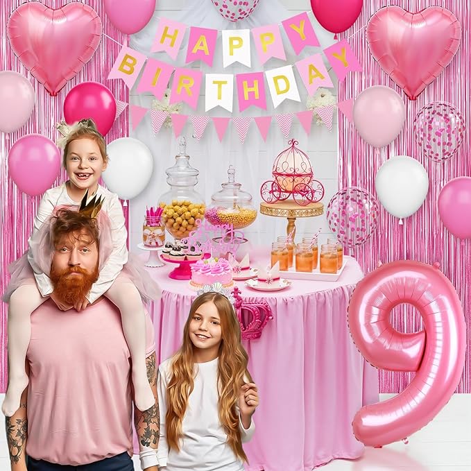 9th Birthday Decorations for Girls: Hot Pink Balloons, Happy Birthday Banner, Fringe Curtain, Cake Topper, Heart Balloons