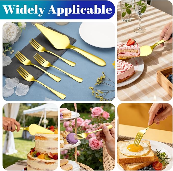 1 Pcs Cake Pie Server and 4 Forks Set for Wedding, Elegant Pizza Slicer Server Set with Stainless Steel Big Serrated Edges, Cake Cutter Pie Spatula for Birthday Anniversary, Gold