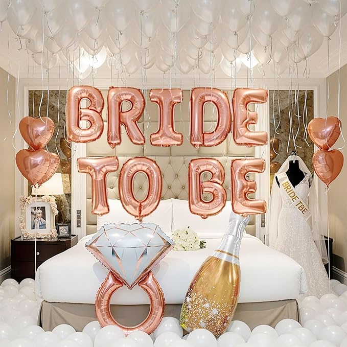 Rose Gold Bridal Shower party decorations pearl White balloons Bridal Veil BRIDE TO BE Balloons Sash with Diamond Ring Heart Champagne Balloons Bridal Veil for Bachelorette Party Supplies