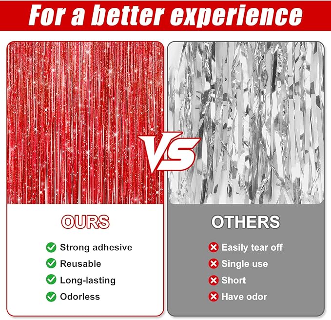 2 Pack Laser Red Foil Fringe Curtains Streamers Party Decorations 3.3 x 8.2 ft, Tinsel Curtain Fringe Backdrop for Parties, Door Fringe Birthday Streamers, Photo Booth Backdrops, Party Decor