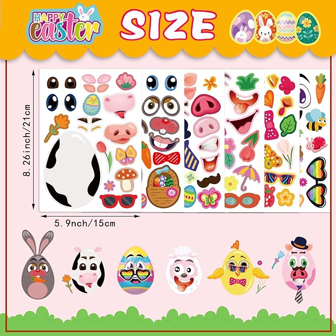 24 PCS Easter Stickers for Kids, Make A Face Stickers, Easter Basket Stuffers Egg-Themed Sticker for Families, Schools, Classroom Party Craft Favors