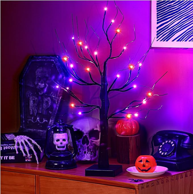 Ganeen 2 Pcs Halloween Decorations Indoor 24 Inch/2 ft Lighted Orange and Purple Birches Tree with Timer 48 LED Lights Willow Battery Operated Artificial Black Tabletop Spooky Tree for Home and Party