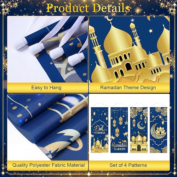 Panelee 4 Pcs Ramadan Mubarak Porch Sign Banners Blue Gold Eid Mubarak Decorations Muslim Ramadan Kareem Door Banner Backdrop for Home Doorway Indoor Outdoor Wall Hanging Decor