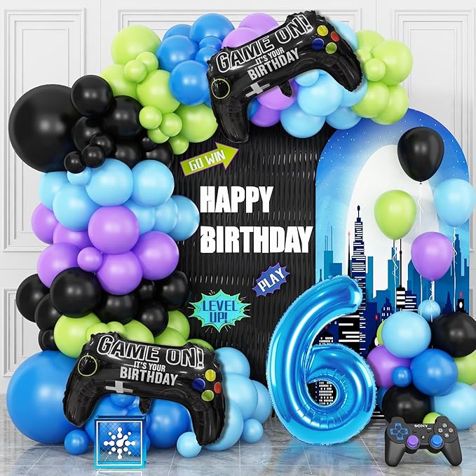 6th Birthday Video Game Balloons Arch Kit, Blue, Black, 101 Pieces, Video Game Themed, Balloon Arch, Decoration, Children (Boys & Girls, Age 6), Unisex