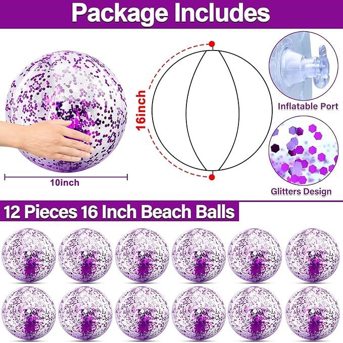 12 Pack Inflatable Beach Balls Bulk - 16" Glitter Beach Ball Pool Toys for Summer Beach Pool Party, Swimming Pool Game Water Beach Toys Kids Halloween Pool Party Favor Decorations Blow Up Beach Ball