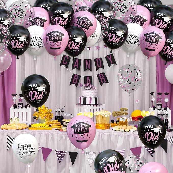 OuMuaMua 75 Pack Graduation Party Decorations Balloons Set - 12 Inch Pink Black White Confetti Graduation Balloons with 2 Ribbons for Class of 2026 Congrats Grad Birthday Party Decor Supplies