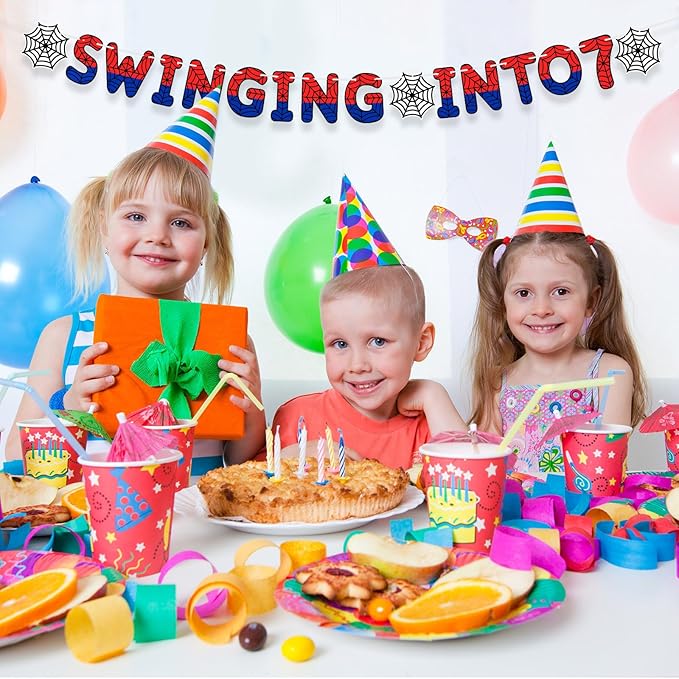 TaoBary Spider Theme 7th Birthday Banner, Pre-strung Swinging into 7 Banner, Spider 7th Birthday Decorations Party Supplies for Kids, Seventh Decor for 7 Year Old Boys Girls(Red and Blue)