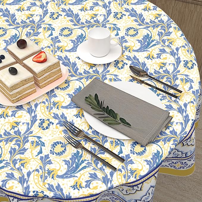 Yellow and Blue Floral Tablecloth Round 70 Inch Farmhouse Boho Tablecloth Spring Summer Fabric Table Cloth With Wrinkle Resistant For Kitchen Holiday Picnic Party Dinner Room Indoor Outdoor Decor