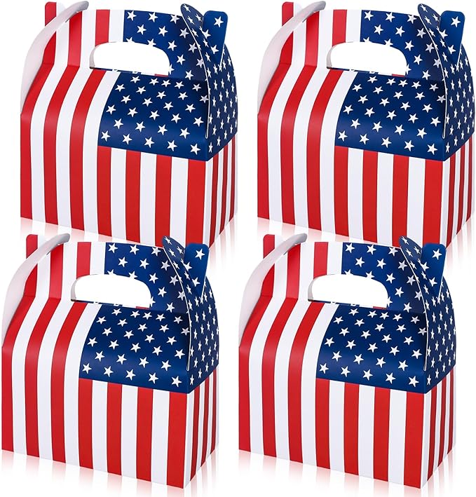 Whaline 12Pcs Patriotic Treat Box with Handle 4th of July American Flag Print Gift Boxes Independence Day Candy Goodie Boxes for Memorial Day Holiday Party Decorations