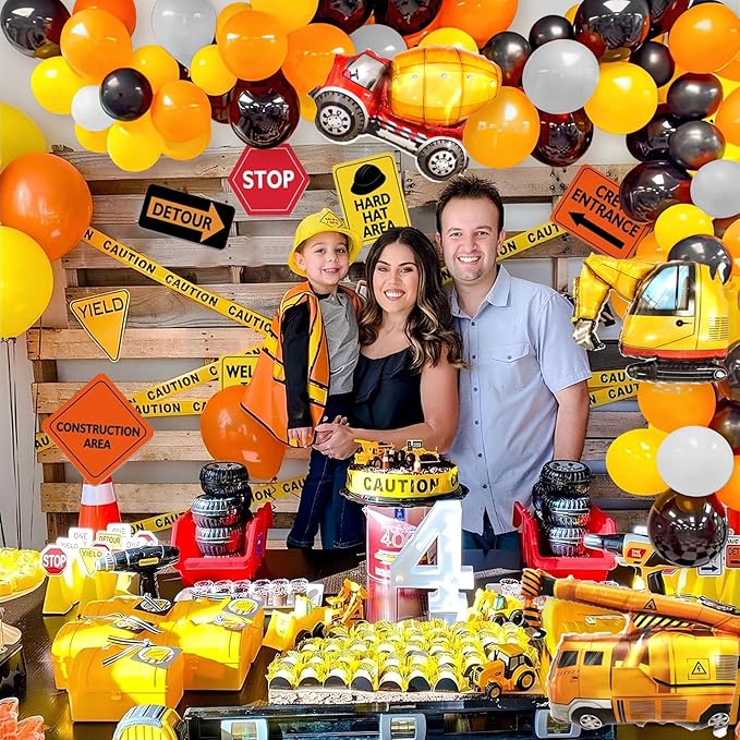 151Pcs Construction Party Decorations Birthday Supplies Construction Balloon Arch Caution Tape Caution Sticker Truck Foil Balloon Boy Kid Build Theme Birthday Party Decoration
