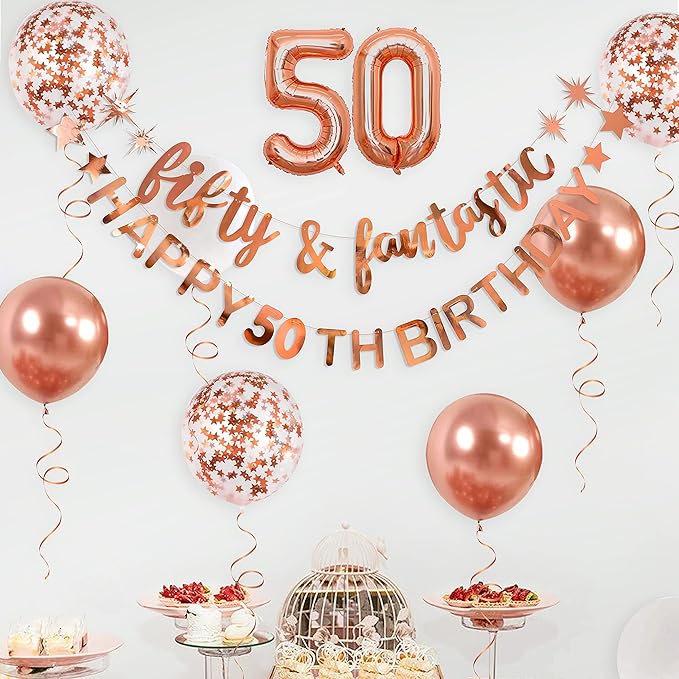 Fifty & Fantastic Rose Gold 50th Birthday Banner, Garland, Foil Balloon, Decorations, Hanging, Cheers to 50 Years Old Party Supplies Backdrop