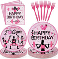 96Pcs Gym Happy Birthday Party Decoration Black and Pink Work Out Weight Plates and Napkins Disposable Weightlifting Equipment Tableware Set for Bodybuilding Girl Birthday Party Supplies Serves 24