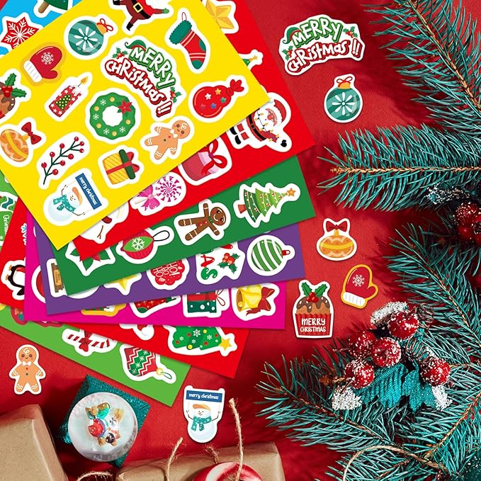 Christmas Stickers for Kids, Merry Christmas Theme Stickers Non-Repeating, Xmas Winter Holiday Party Favor, Stocking Stuffer for Kids, Xmas Gifts Decorations