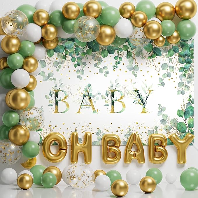 Ecomore Girl Boy Sage Green Baby Shower Decorations 247 PCS (25 Guest) Boho Greency Party Supplies with Paper Plate Napkin Cup Cutlery & Tablecloth Oh Baby Backdrop Balloon Kit for Gender Reveal Decor