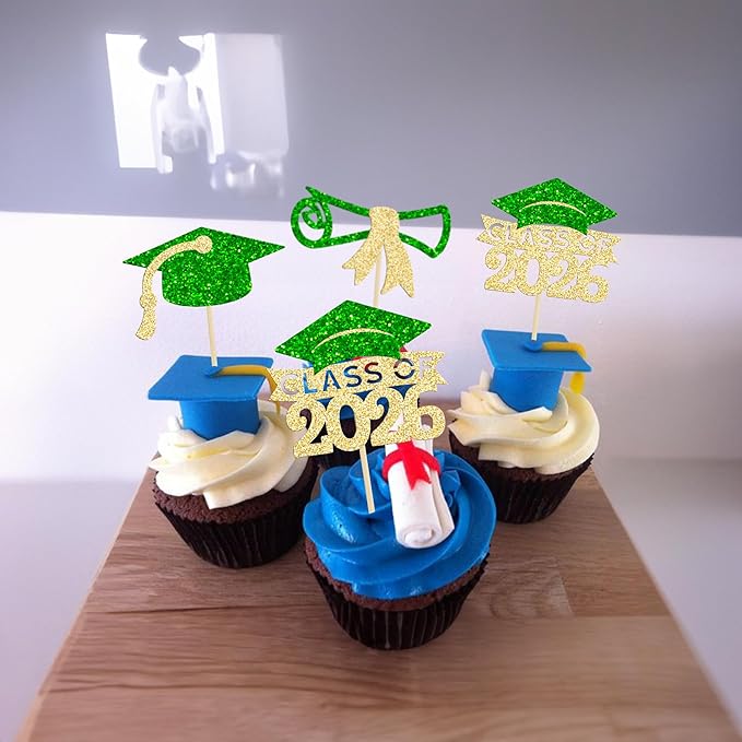 Gyufise 24Pcs 2026 Graduation Theme Cupcake Toppers Glitter Diploma Graduation Cap Class of 2026 Cupcake Picks for 2026 Graduation Theme Party Cake Decorations Supplies Gold Green
