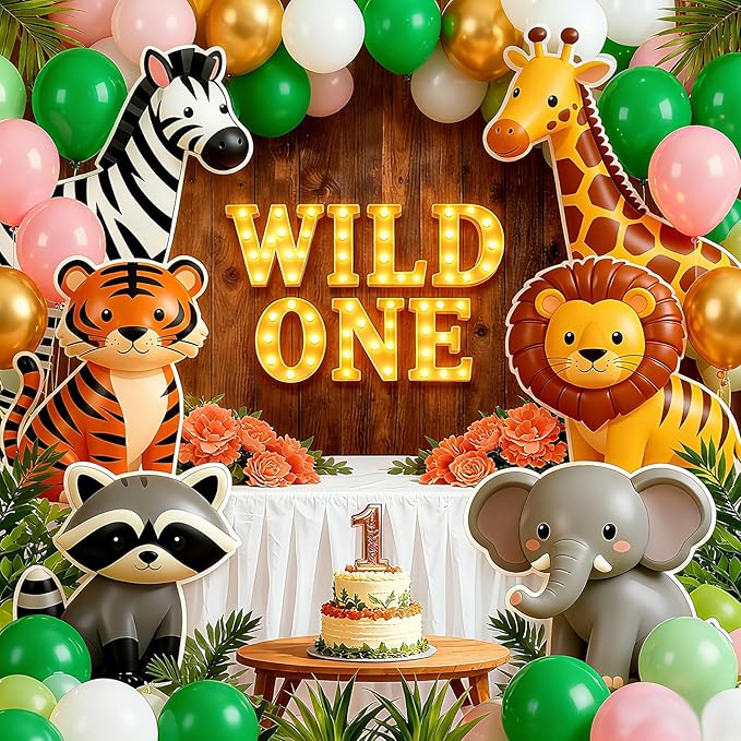 Honoson 7 Pcs Wild One Birthday Party Decorations Wild One Neon Light Sign, 1st Birthday Decorations for Boy or Girl, Warm Lights Decoration for Jungle Animals Theme Party Baby Shower Decoration