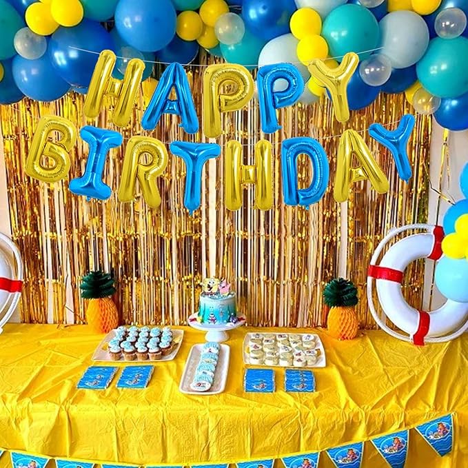 TONIFUL Happy Birthday Balloons with Ribbon Straw, 16 Inch Mylar Letters Birthday Sign Banner Bunting Reusable for Girls Boys Kids & Adults Party Decorations Supplies（Gold Blue）