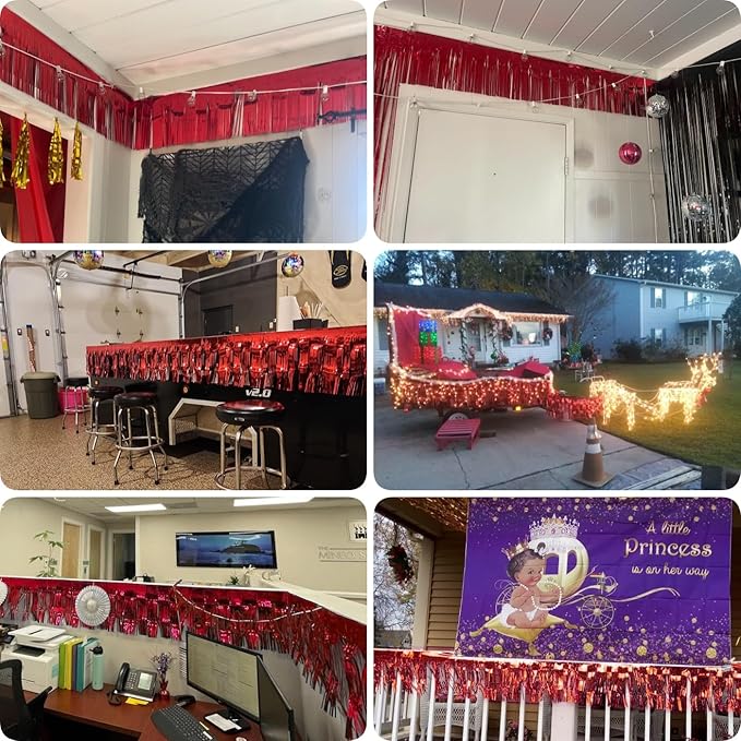 3 Pack Total 30 Feet Foil Fringe Garland Metallic Wall Hanging Drapes Tassel Skirting Tinsel Streamers Decorations for Parade Float Trailer Mardi Gras Party Birthday Wedding (Red)