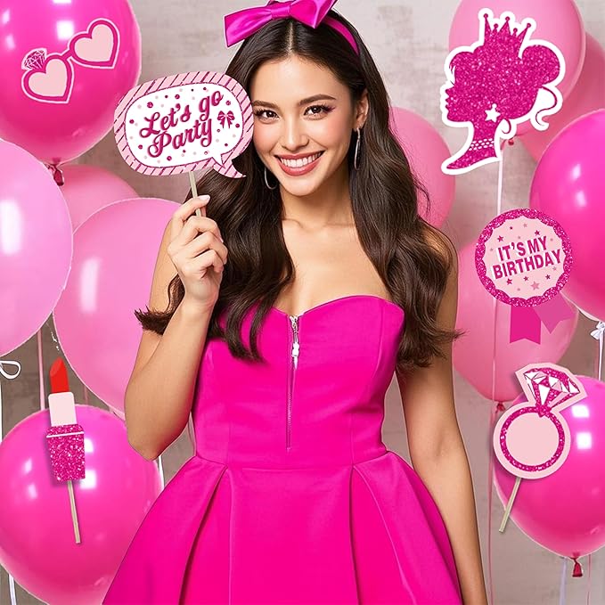 Birthday Decorations for Women,Happy Birthday Banner, 35 Balloons,Photo Booth Props for Girls (Hot Pink)