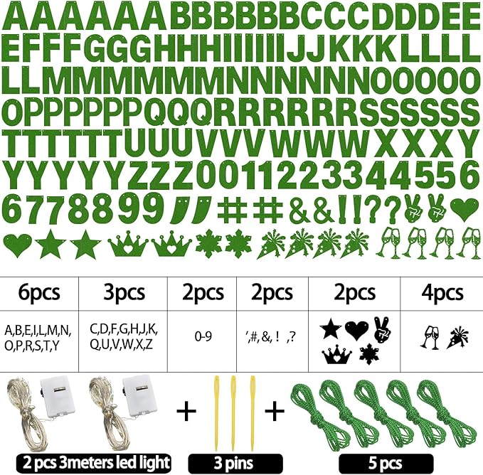 175Pcs DIY Custom Letter Banner Glitter Customizable Banner Kit DIY Happy Birthday Letters 0-9 Numbers Light Rope Personalized Banners Baby Shower Birthday Party Decorations Supplies(Dazzling Green)