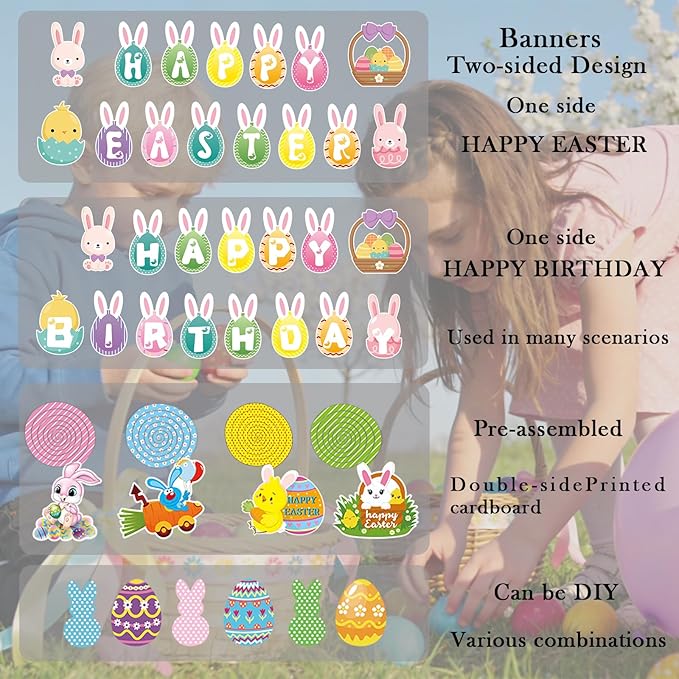 45 Pcs Happy Easter Banners Garland Easter Decorations for Office Home School Classroom Bunny Egg Hanging Decor Supplies for Egg Hunt Party Favors