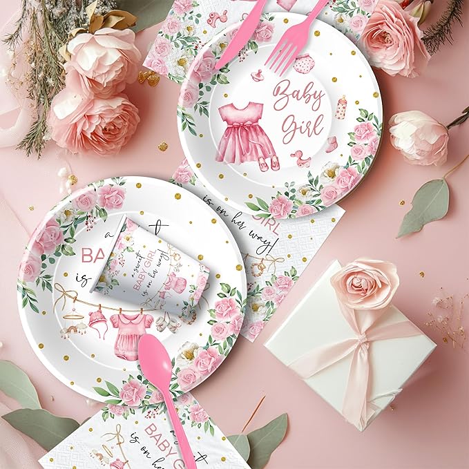 Pink Baby Girl Baby Shower Decorations, Floral Sweet Baby Girl Party Supplies, Plate, Napkin, Cup, Tablecloth, Banner, Swirls, Cutlery, Girl Gender Reveal Table Decorations, Serves 24