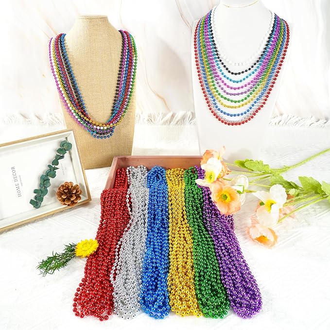 SHAOQINLIN 50 PCS Mardi Gras Beads Necklaces, 10 Colors 33 Inch Colorful Bead Necklaces Bulk Party Beads Round Beaded Necklace for Mardi Gras, St. Patrick's Day, Christmas, Carnival Party Favor