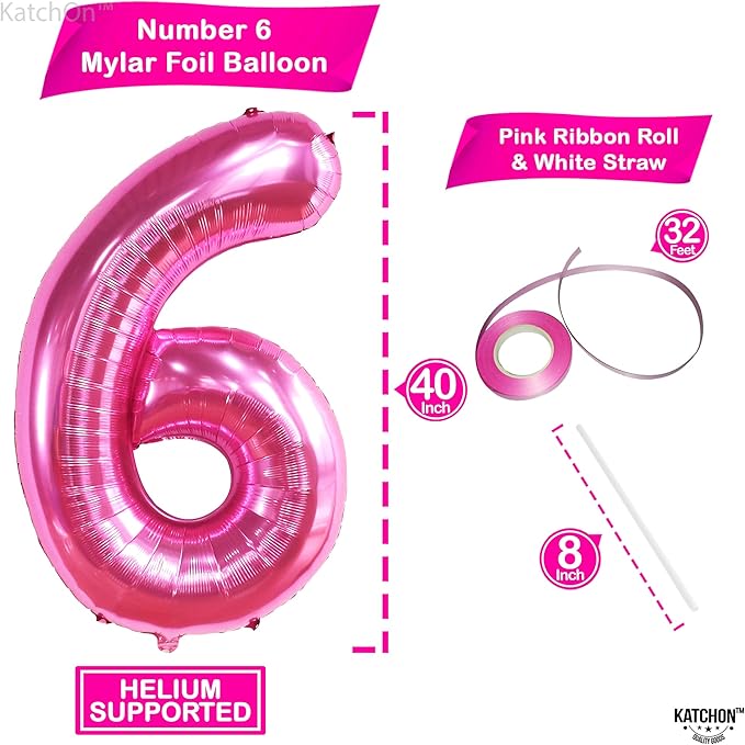 KatchOn, Giant Hot Pink Number 6 Balloon - 40 Inch | 6th Birthday Decorations for Girls | Pink Birthday Decor | 6 Balloon Number for Happy Anniversary Decorations
