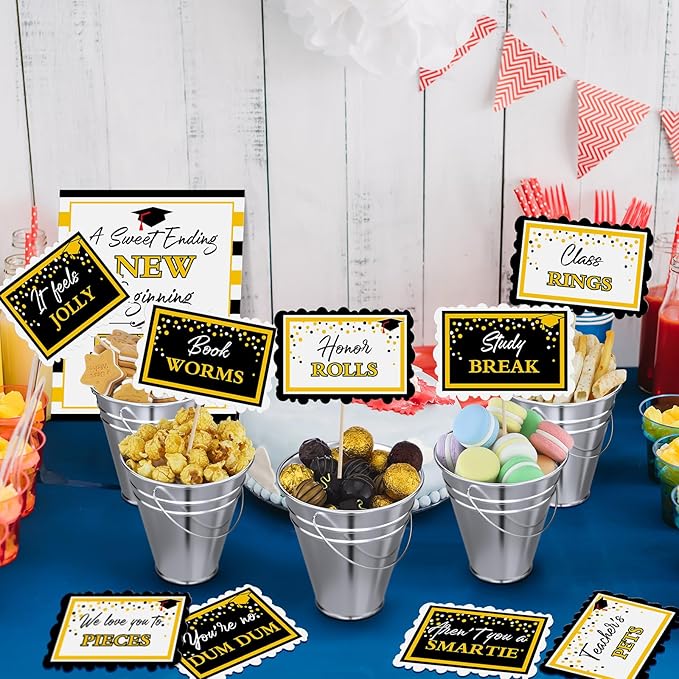 12 Set 2026 Graduation Candy Buffet Party Decoration Graduation Table Candy Bar Snack Labels Signs and 5'' Buckets with Handle for Class of 2026 Party Parties Supplies(Plaid Border Style,Silver)