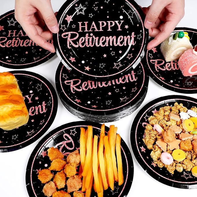 Wiooffen 48Pcs Retirement Paper Plates Party Supplies Happy Retirement Dessert Cake 7 inch Plates Tableware Set Pink and Black Retired Dinnerware for Woman Graduations Decorations Favors