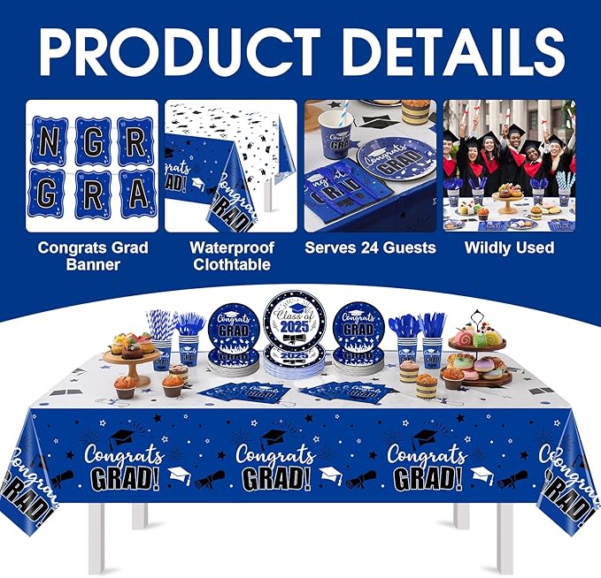 Graduation Party Supplies Congrats Grad Decorations Class of 2025, Disposable Plates and Napkins with Banner Tablecloth Cups Dinnerware Sets for Graduation Decor, Serves 24 (Blue and White)